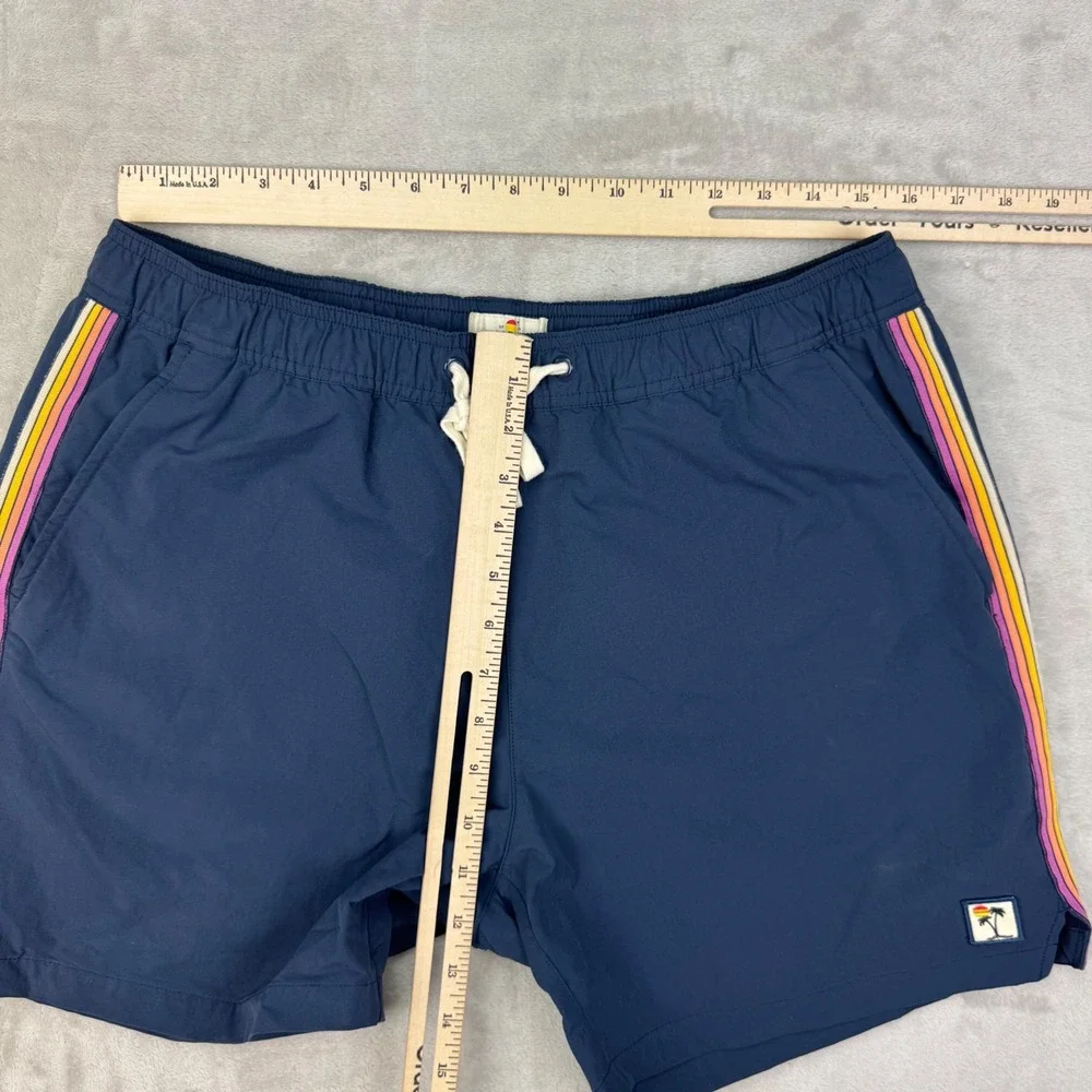 Marine Layer Mens Navy Rainbow Stripe Swim Trunks Palm Tree Patch L Surf Travel